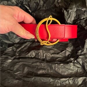 Red Leather Women's Belt with Gold Decorative Buckle